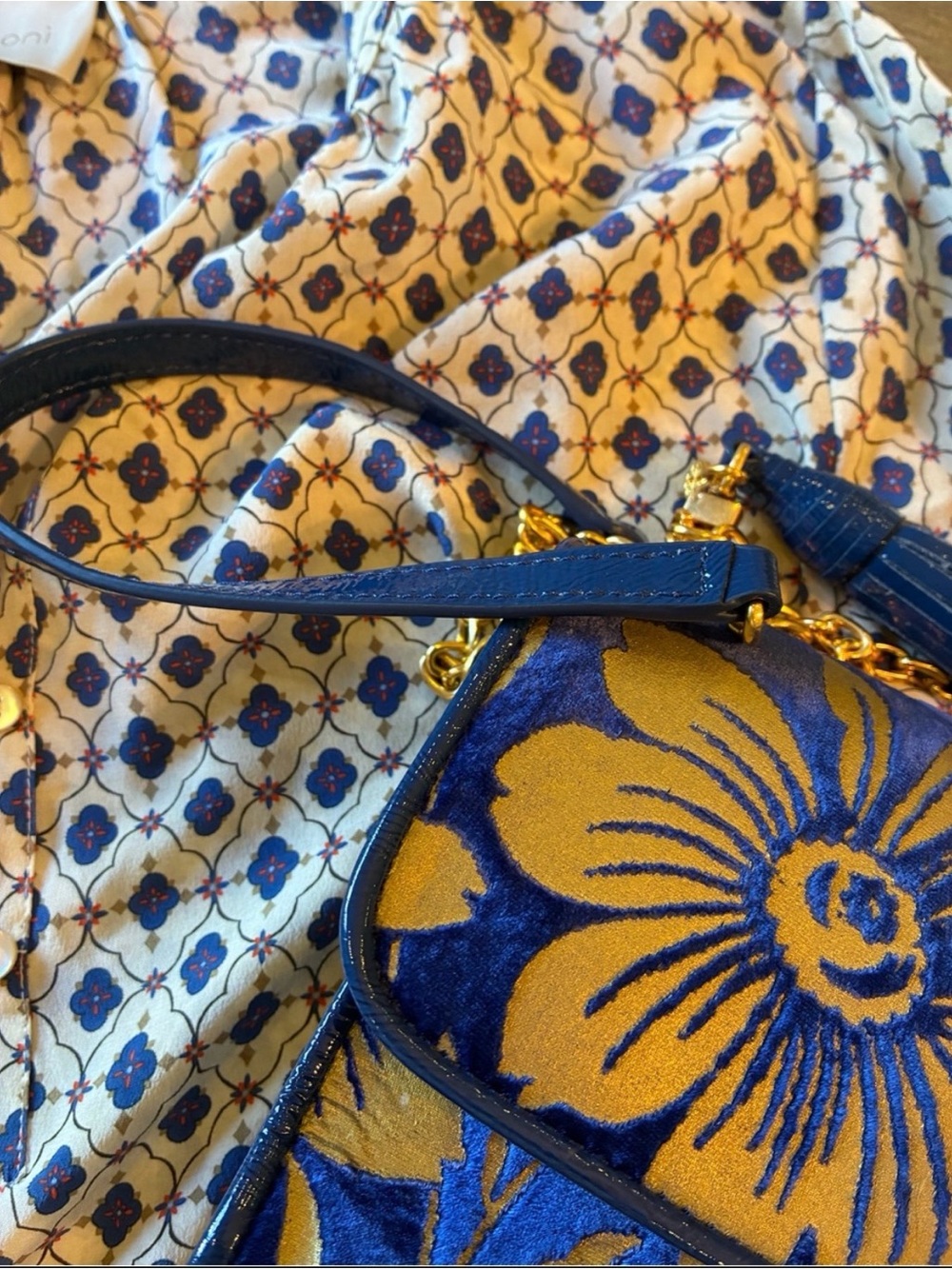 Tory Burch Fleming Floral velvet uuConvertible Small Shoulder Bag gold blue